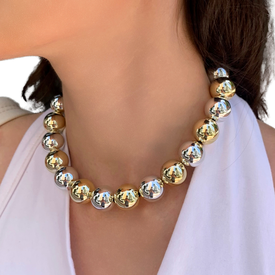 Colar Esferas Prata + Dourado